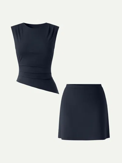 Oglmove 2pcs Set Tucked Asymmetrical Hem Top & A-line Pull-on Skirt In Blue