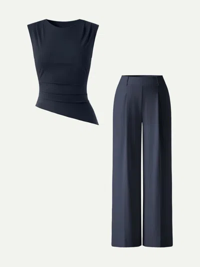 Oglmove 2pcs Set Tucked Asymmetrical Hem Top & High Rise Wide Leg Pants In Blue