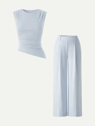 Oglmove 2pcs Set Tucked Asymmetrical Hem Top & High Rise Wide Leg Pants In Blue