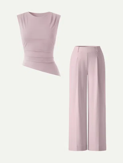 Oglmove 2pcs Set Tucked Asymmetrical Hem Top & High Rise Wide Leg Pants In Pink