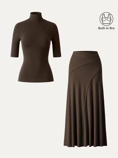 Oglmove 2pcs Set Turtleneck Bra Top & Drapey A-line Maxi Skirt In Espresso