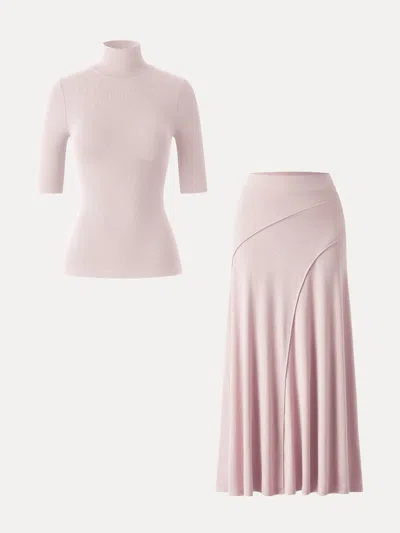Oglmove 2pcs Set Turtleneck Bra Top & Drapey A-line Maxi Skirt In Powder Pink