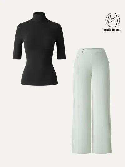 Oglmove 2pcs Set Turtleneck Bra Tops & High Rise Wide Leg Pant In Black/ambrosia