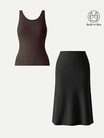 Oglmove 2pcs Set U-neck Bra Tank & A-line Midi Skirt With Pockets