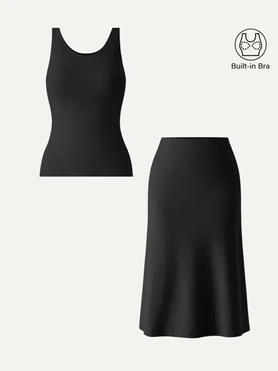 Oglmove 2pcs Set U-neck Bra Tank & A-line Midi Skirt With Pockets In Black