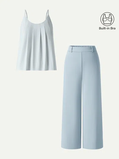 Oglmove 2pcs Set U-neck Bra Tank & Cropped Pants With Pockets In Blue
