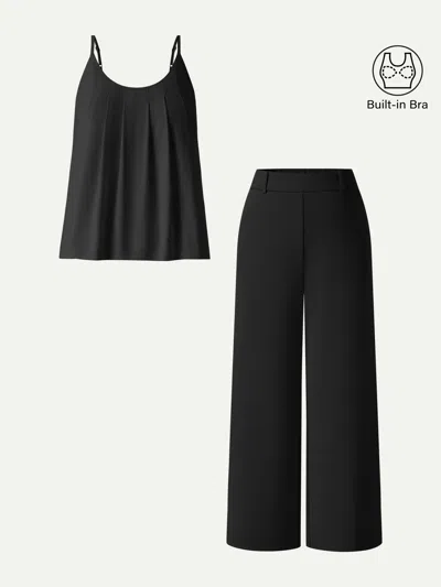 Oglmove 2pcs Set U-neck Bra Tank & Cropped Pants With Pockets In Blue