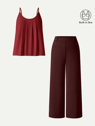 Oglmove 2pcs Set U-neck Bra Tank & Cropped Pants With Pockets In Brown