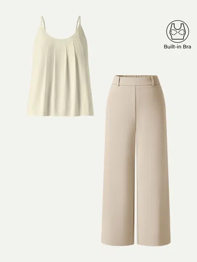 Oglmove 2pcs Set U-neck Bra Tank & Cropped Pants With Pockets In Brown