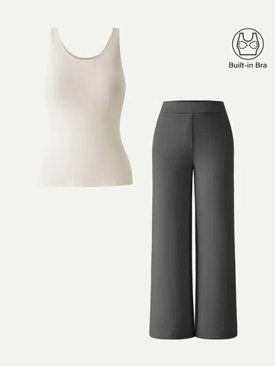 Oglmove 2pcs Set U-neck Bra Tank & Mid Rise Pull-on Straight Pant