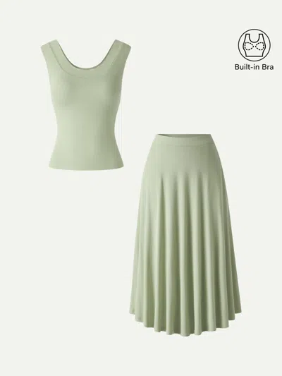 Oglmove 2pcs Set U-neck Bra Tank & Midi Skirt With Pockets