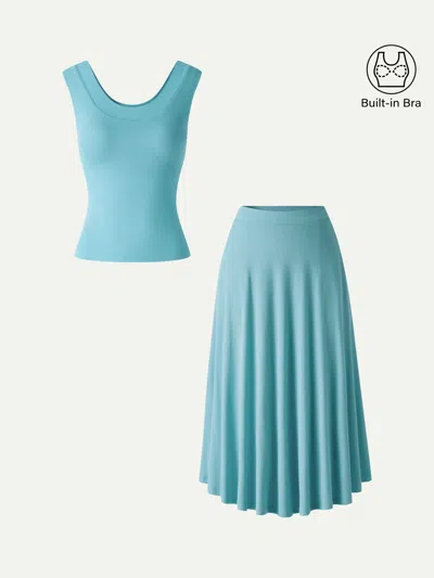 Oglmove 2pcs Set U-neck Bra Tank & Midi Skirt With Pockets