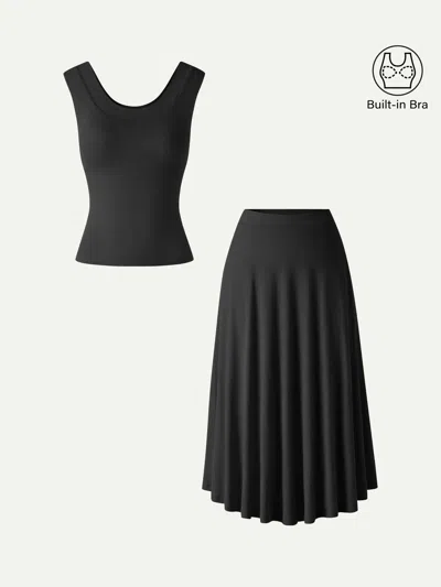 Oglmove 2pcs Set U-neck Bra Tank & Midi Skirt With Pockets In Black