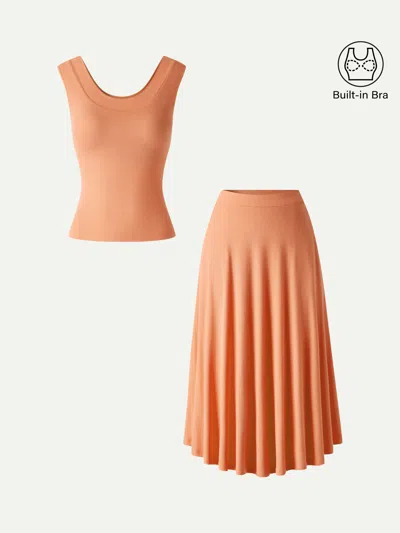 Oglmove 2pcs Set U-neck Bra Tank & Midi Skirt With Pockets In Orange