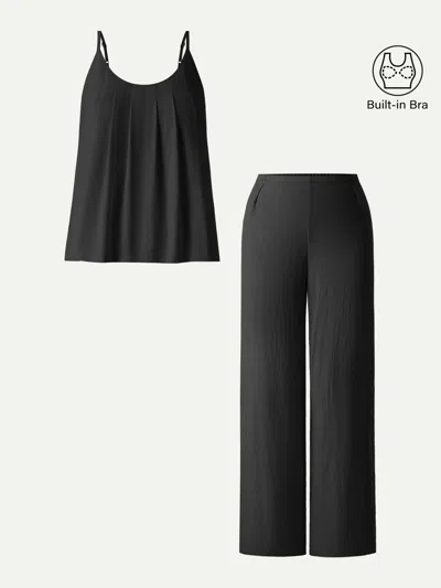 Oglmove 2pcs Set U-neck Spaghetti Bra Tank & Mid Rise Straight Leg Pant In Black