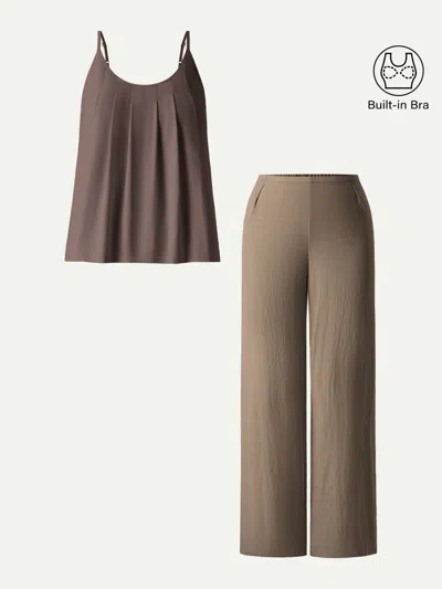 Oglmove 2pcs Set U-neck Spaghetti Bra Tank & Mid Rise Straight Leg Pant In Brown