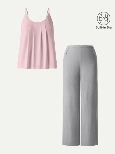Oglmove 2pcs Set U-neck Spaghetti Bra Tank & Mid Rise Straight Leg Pant In Multi