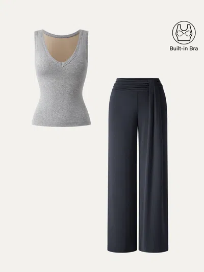 Oglmove 2pcs Set V-neck Bra Tank & Mid-rise Wide-leg Lounge Pants In Heather Grey/deep Navy