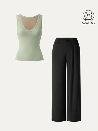 Oglmove 2pcs Set V-neck Bra Tank & Mid-rise Wide-leg Lounge Pants In Limechino/black