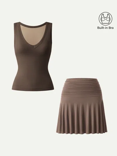Oglmove 2pcs Set V-neck Bra Tank & Ruched Mini Circle Skirt With Lined Shorts