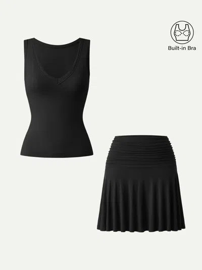 Oglmove 2pcs Set V-neck Bra Tank & Ruched Mini Circle Skirt With Lined Shorts In Black