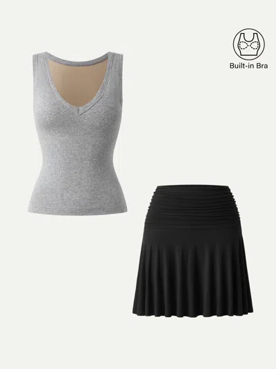 Oglmove 2pcs Set V-neck Bra Tank & Ruched Mini Circle Skirt With Lined Shorts In Multi