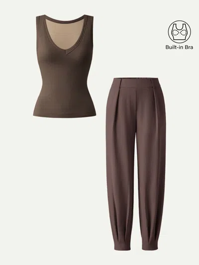 Oglmove 2pcs Set V-neck Bra Tank & Tapered Pant In Brown