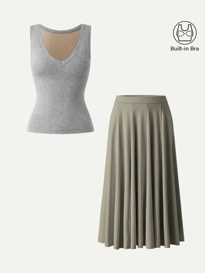 Oglmove 2pcs Set V-neck Bra Tank & Volume Skirt With Pockets