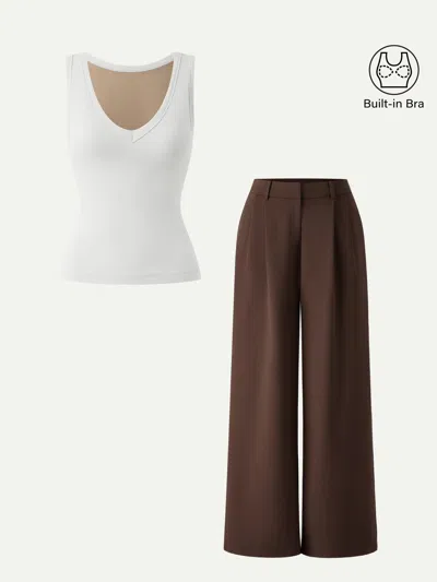 Oglmove 2pcs Set V-neck Bra Tank & Wide Leg Pant With Pockets