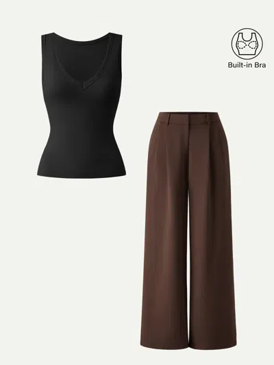 Oglmove 2pcs Set V-neck Bra Tank & Wide Leg Pant With Pockets