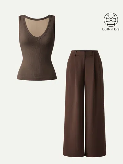 Oglmove 2pcs Set V-neck Bra Tank & Wide Leg Pant With Pockets