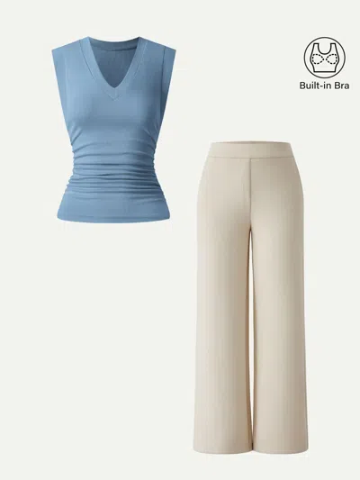Oglmove 2pcs Set V-neck Bra Top & Mid Rise Straight Pant With Pockets