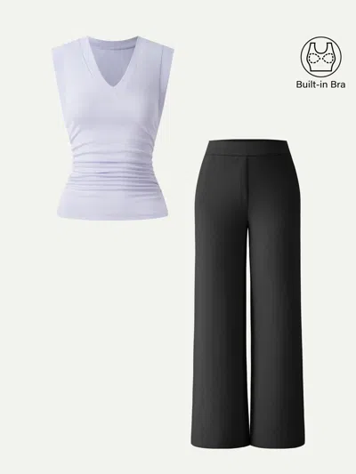 Oglmove 2pcs Set V-neck Bra Top & Mid Rise Straight Pant With Pockets