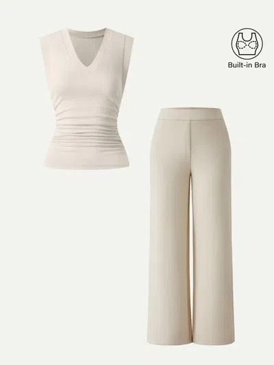 Oglmove 2pcs Set V-neck Bra Top & Mid Rise Straight Pant With Pockets