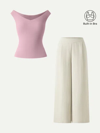 Oglmove 2pcs Set V-neck Bra Top & Mid Rise Wide Leg Pant With Pockets