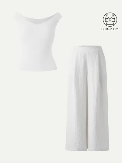Oglmove 2pcs Set V-neck Bra Top & Mid Rise Wide Leg Pant With Pockets