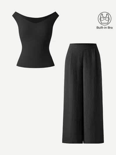Oglmove 2pcs Set V-neck Bra Top & Mid Rise Wide Leg Pant With Pockets