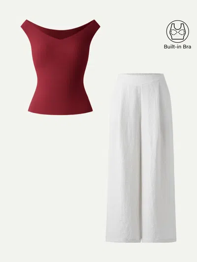 Oglmove 2pcs Set V-neck Bra Top & Mid Rise Wide Leg Pant With Pockets