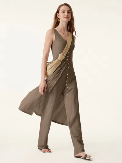 Oglmove 2pcs Set V-neck Button Front Midi Vest Dress & Mid Rise Straight Leg Pant