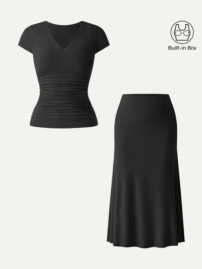 Oglmove 2pcs Set V-neck Cap Sleeve Bra Tee & Pull-on Mermaid Midi Skirt In Black