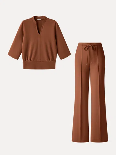 Oglmove 2pcs Set V-neck Elbow Sleeve Bam Top & High-rise Flare Pants With Pockets In Brown