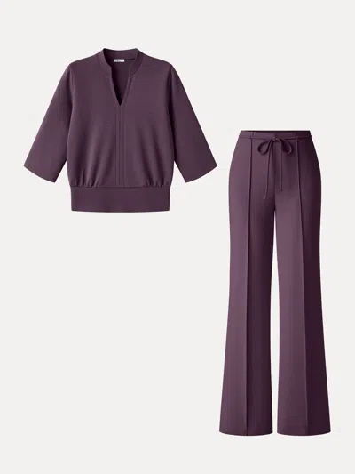 Oglmove 2pcs Set V-neck Elbow Sleeve Bam Top & High-rise Flare Pants With Pockets In Purple