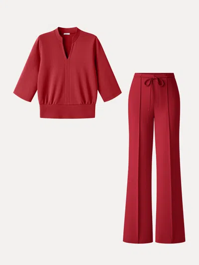 Oglmove 2pcs Set V-neck Elbow Sleeve Bam Top & High-rise Flare Pants With Pockets In Red