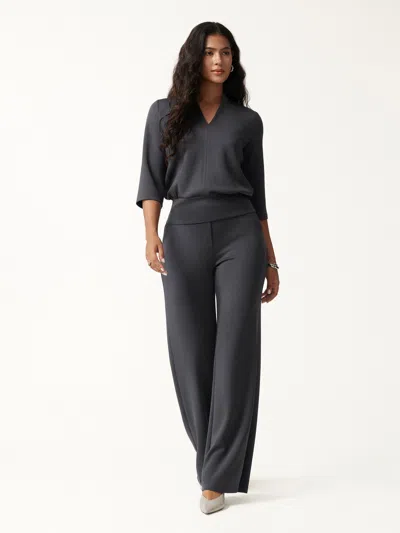Oglmove 2pcs Set V-neck Elbow Sleeve Top & High-rise Wide Leg Pants With Pockets In Blue Charcoal