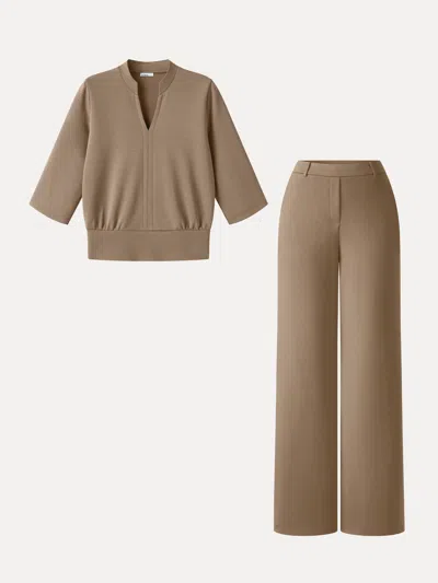 Oglmove 2pcs Set V-neck Elbow Sleeve Top & High-rise Wide Leg Pants With Pockets In Dark Khaki Brown