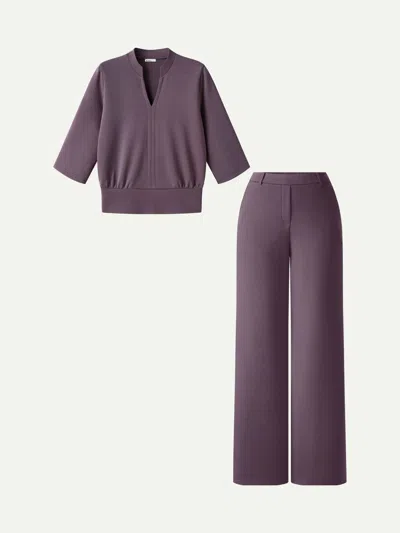Oglmove 2pcs Set V-neck Elbow Sleeve Top & High-rise Wide Leg Pants With Pockets In Deep Fig