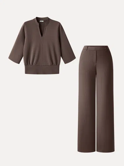 Oglmove 2pcs Set V-neck Elbow Sleeve Top & High-rise Wide Leg Pants With Pockets In Deepest Mauve