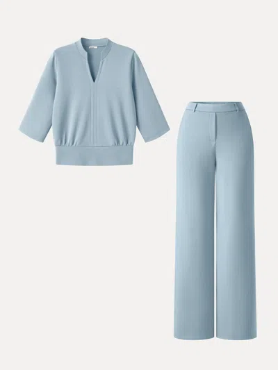 Oglmove 2pcs Set V-neck Elbow Sleeve Top & High-rise Wide Leg Pants With Pockets In Dew Foam Blue