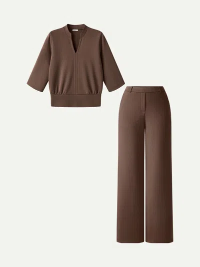 Oglmove 2pcs Set V-neck Elbow Sleeve Top & High-rise Wide Leg Pants With Pockets In Hazelnut Brown