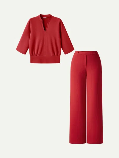 Oglmove 2pcs Set V-neck Elbow Sleeve Top & High-rise Wide Leg Pants With Pockets In Red Flame